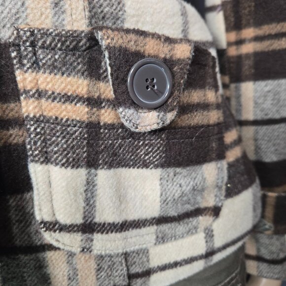Y2K Fitted Plaid Pea Coat Jacket Size XS Brown Beige Wool Blend Fall Winter - Picture 5 of 14